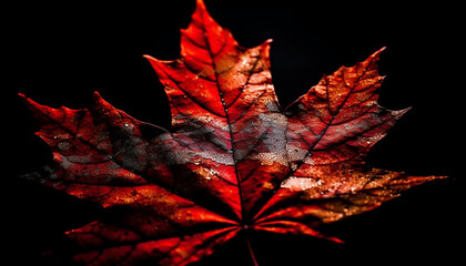 Vibrant maple leaf vein on black backdrop generated by AI