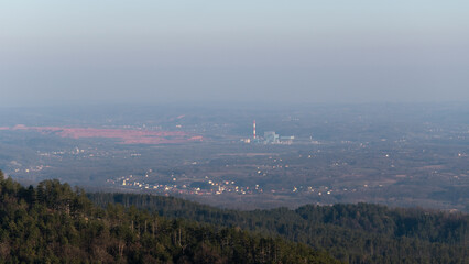 Fototapeta premium Thermal power plant and coal mine in Stanari, view from mountain Ljubic