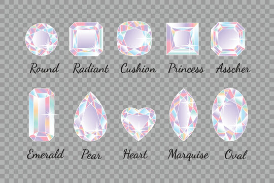 Collection of coloured shining diamonds of different shapes on a transparent grey background. Vector