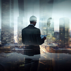 Double exposure concept with businessman silhouette. With special lighting effects