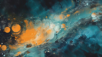 Closeup, oil paint and psychedelic art on background for decoration, banner and creative design painting. Ai generated, acrylic and flowing vibrant color fluid in abstract movement, motion or pattern