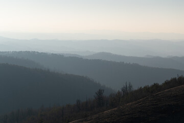Landscape of mountain layers in haze, fading in distance, view from mountain Ljubic near Prnjavor