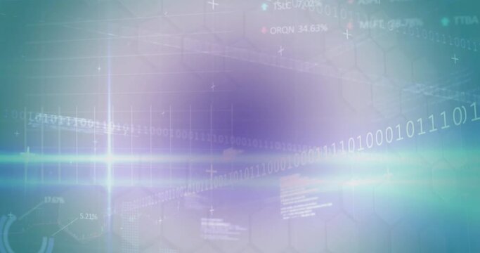 Animation of binary codes, graphs and trading board against hexagon pattern in background