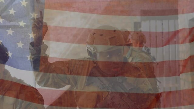 Animation of flag of america over diverse soldier with gun instructing subordinate during war