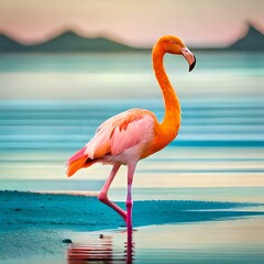 Pink magnificent flamingo standing tall on one leg in the shallow water