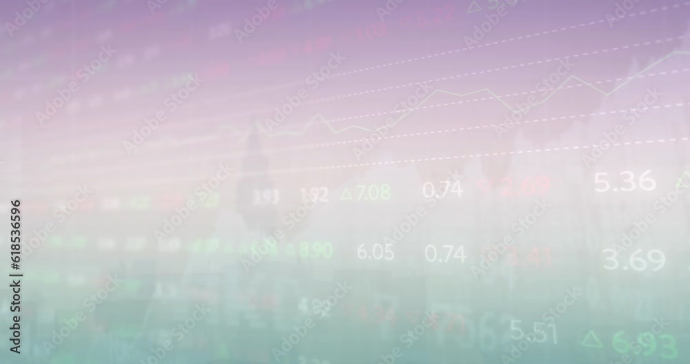 Wall mural animation of trading board over gradient color against skyscraper in background