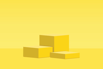 Abstract scene background. Cube podium on pastel yellow background. Product presentations, mock ups, cosmetic product shows, podiums, pedestals or platforms. Stage show on beige 3d studio pedestal.