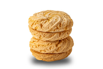 Stack of delicious homemade blueberry cream sandwich cookies isolated on white background with clipping path.