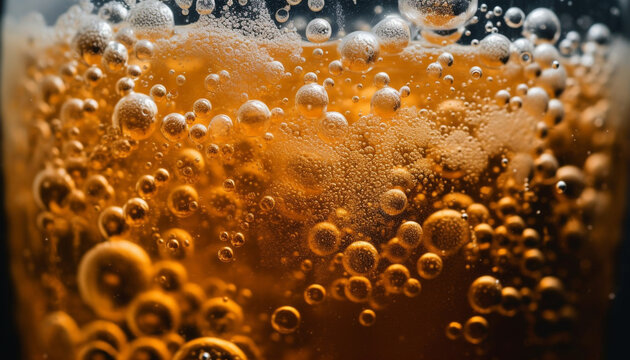 Frothy beer pours into gold colored glass generated by AI