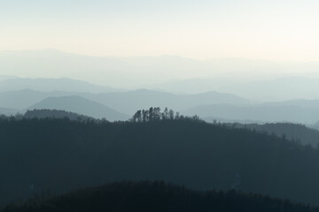 Mountain landscape with mountain layers fading in distance, view from mountain Ljubic near Prnjavor