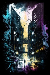 cyberpunk city streets abstract watercolor tshirt design colorful black background 