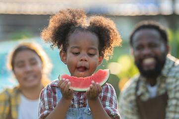 hungry african afro black daughter eat watermelon fruit with dad father teasing fun in garden...