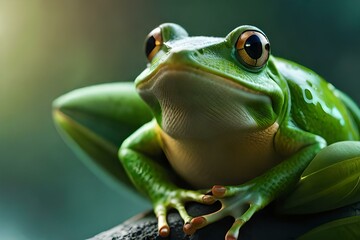 Fototapeta premium green frog on a leaf generative in ai technology