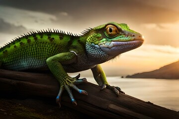 Obraz premium green iguana on a tree generative in ai technology
