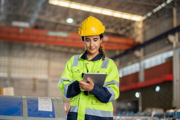 young woman engineer in uniform inspection warehouse and check control heavy machine construction installation in industrial factory. technician worker check for repair maintenance operation system