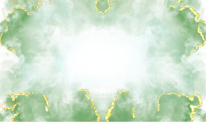 green alcohol ink graceful abstract ink flow art mixed with gold patterns with a translucent background.
