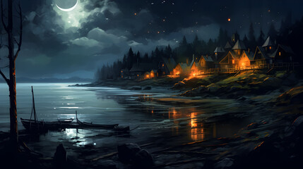 Night landscape with a lake. Background. Illustration. Ai generation.