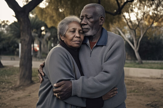 Senior african american couple embracing and mourning outdoors. Public park, gray casual clothes. Photorealism, Generative AI illustration, no real people referenced