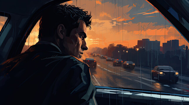 illustration of a man in the car looking out the window with concentration in the rain. Generative AI