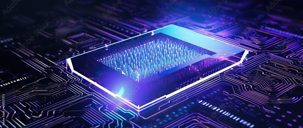 Wall mural 3d rendering of electronic circuit board with glitter, machine learning and modern computer technolo