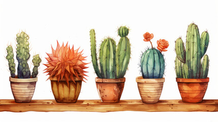 Watercolor illustration of Cacti in Terracotta Pots on wooden shelf isolated on white background