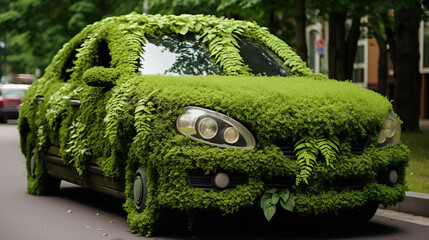 Car recovered with green plants , greenwashing concept
