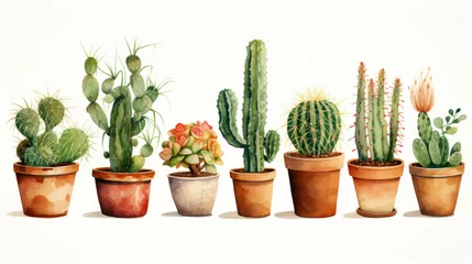 Fototapete Kaktus im Topf Watercolor illustration of Cacti in Terracotta Pots isolated on white background