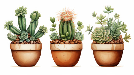 Watercolor illustration of Cacti in Terracotta Pots isolated on white background