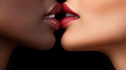 Close up of the lips of two woman of different ethnicity touching one another - obrazy, fototapety, plakaty