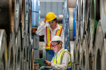 Factory apprenticeship. Man mentor teaching Female employees trainee operating machine looking monitors and check Production process machinery. foreman explaining woman engineer control machine .
