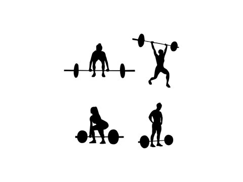 Weight lifting girl silhouette. Woman Weightlifting silhouette vector. Set of weight lifter woman in various poses. 