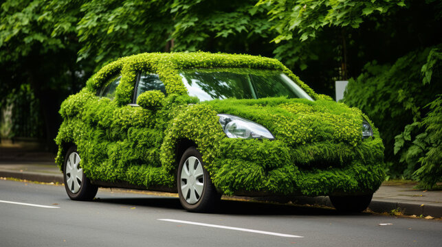 Car recovered with green plants , greenwashing concept