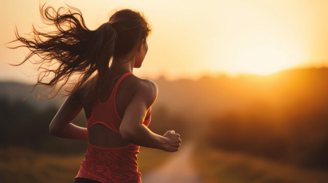 Close-up of a woman running in sports clothes in summer, back view at sunset