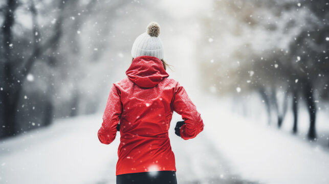 Close-up of a woman running in sports clothes in winter, back view on snowy day