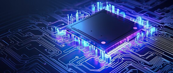 3D rendering of electronic circuit board with glitter, machine learning and modern computer technology concept. business, technology, internet and networking concept