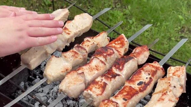 Pork kebab on skewers that is cooked (fried) on a grill