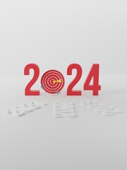 Year 2024 with dart board. Business goal concept.