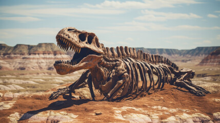 Giant skeleton of a dinosaur in the desert landscape