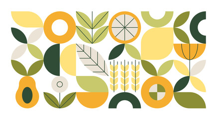 Geometric food pattern. Abstract mosaic nature elements, fruit plants organic shapes bauhaus minimal layout banners. Vector poster