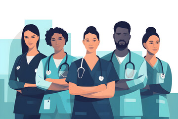 Flat vector illustration portrait nurses and doctors at hospital proud empowered and excited about medical collaboration face healthcare and health expert team united for innovation teamwork and suppo
