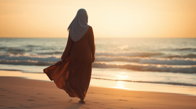 Woman Wearing A Hijab Walking On The Beach Alone