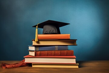 view of stacked books and graduation cap for education day