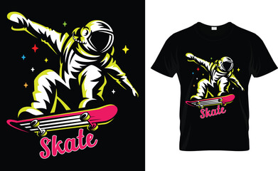 Astronaut skateboarding t-shirt design.Colorful and fashionable t-shirt design for men and women.