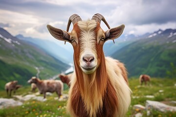 goat standing mountain scenery on background