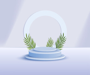 3d product podium and pedestal in purple or blue gray color with palm leaves. 3d rendering vector background view with podium. To display 3d cosmetic products.