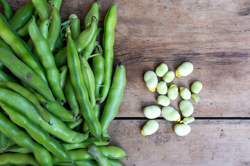 Some fresh broad beans have been taken out their pods after they have been picked from a kitchen...