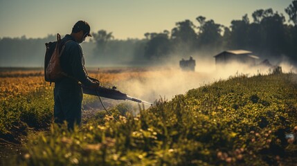 Fototapeta na wymiar Farmer spraying pesticides in the field.