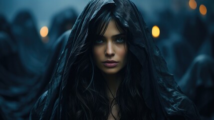 Scared young female dressed in all black on dark background, Grim reaper death funeral.