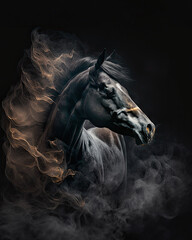 Generated photorealistic image of a black horse in the fog against a black background