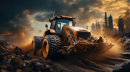 Fototapeta na wymiar Wheel loader Excavator, A bulldozer or loader moves the earth at the construction site.